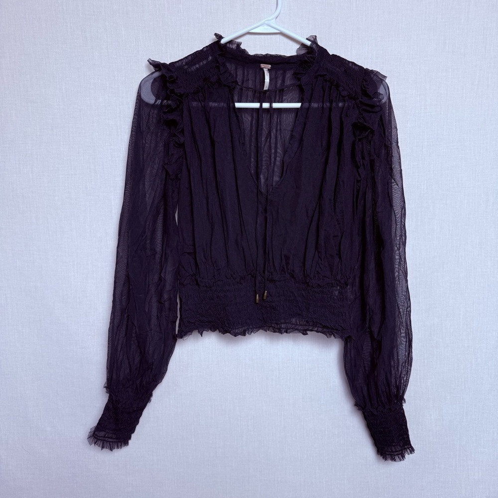Free People Sheer Boho Peasant Blouse Navy Smocked Waist Ruffle Long Sleeve S